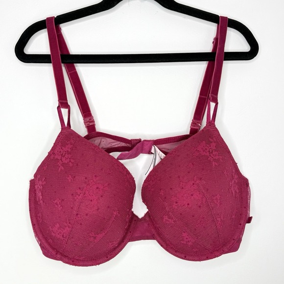 Victoria's Secret Push-Up Lace Underwire Bra 38C Dark Pink Floral Mesh Sexy Demi - Picture 1 of 5